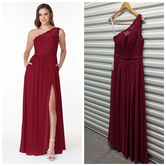 Azazie Demi Size 8 (A8) Burgundy A-Line One Shoulder Chiffon Dress x1-16 - Picture 1 of 10